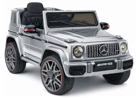Srebrny Mercedes AMG G63 na akumulator dla dzieci – licencjonowane auto elektryczne z kołami EVA i siedzeniem z ekoskóry.