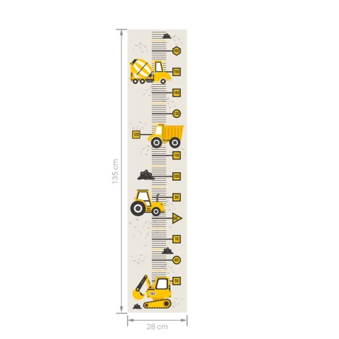 Miarka wzrostu z pojazdami budowlanymi dla dzieci – wymiary 28 × 135 cm
