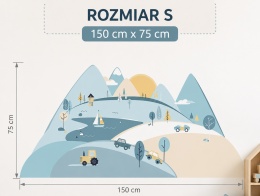 Naklejka ścienna Góry Błękitne rozmiar S 150x75 cm – pastelowa dekoracja do pokoju dziecka z górami, jeziorem i pojazdami
