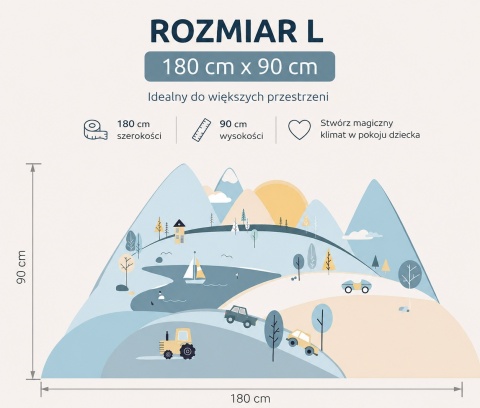 Naklejka ścienna Góry Błękitne rozmiar L 180x90 cm – pastelowa dekoracja do pokoju dziecka z górami, jeziorem i pojazdami