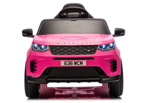 Różowy samochód na akumulator Land Rover Discovery widok z przodu ze światłami LED