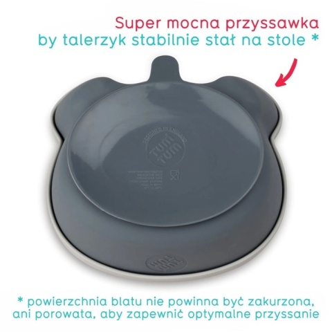 Spód silikonowej miski Miś Tum Tum z mocną przyssawką zapobiegającą przesuwaniu się podczas jedzenia