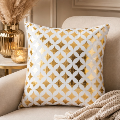 Biała poszewka dekoracyjna ze złotym geometrycznym wzorem w stylu glamour 45x45 cm