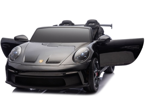 Czarne auto na akumulator Porsche GT3 dla dzieci z otwieranymi drzwiami i sportowym nadwoziem