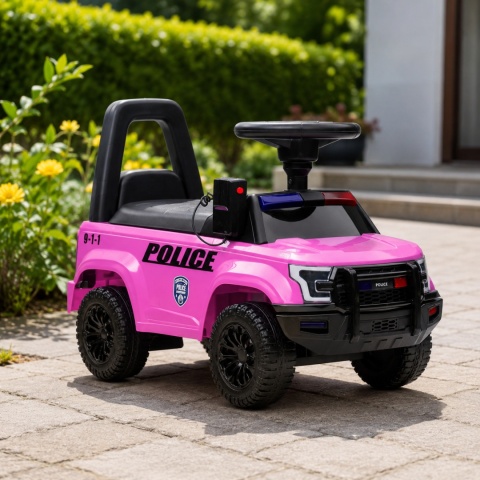 Różowy jeździk policyjny dla dziecka z megafonem i sygnałami świetlnymi