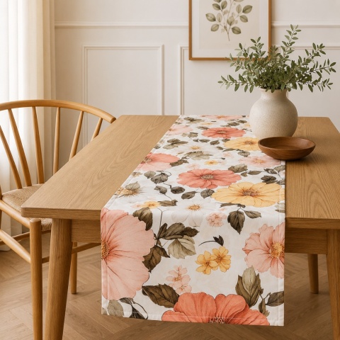 Bieżnik FLORAL F45 z motywem kwiatów w sepii na drewnianym stole