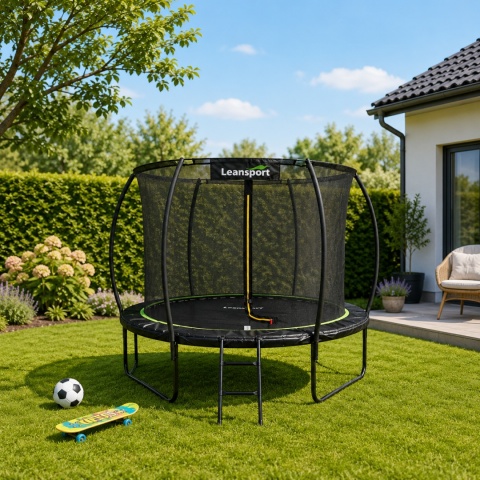 Trampolina ogrodowa 305 cm 10FT z siatką bezpieczeństwa i drabinką w przydomowym ogrodzie