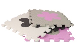 Mata piankowa EVA puzzle dla niemowląt w kolorze szaro-różowym z wyjmowanymi elementami serca i kwiatów.