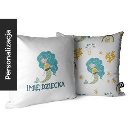Biała personalizowana poduszka dla dziecka z imieniem i motywem syrenki z kolekcji OCEAN DREAM. Dwustronna welwetowa poduszka