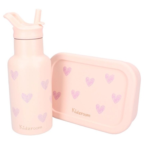 Zestaw różowy lunchbox i bidon dla dzieci Kidzroom z sercami