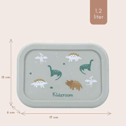 Wymiary lunchboxa Kidzroom z dinozaurami 17 x 12 x 6 cm