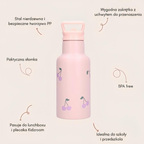 Butelka Kidzroom w wisienki 350 ml ze słomką i uchwytem