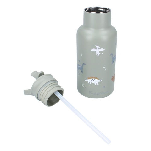 Zielona butelka termiczna dla dzieci 350 ml z dinozaurami i słomką