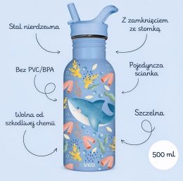 Butelka dziecięca SASSI z rekinem 500 ml ze stali nierdzewnej ze słomką