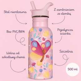 Butelka dla dzieci SASSI z motylem 500 ml – stal nierdzewna, słomka, szczelne zamknięcie