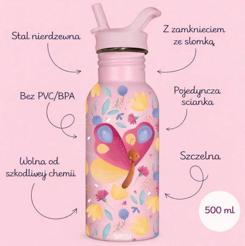 Butelka dla dzieci SASSI z motylem 500 ml – stal nierdzewna, słomka, szczelne zamknięcie