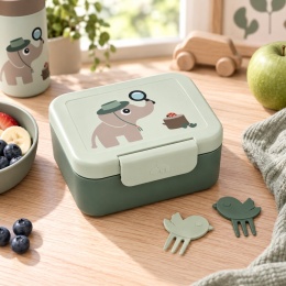 Zielony lunchbox dziecięcy Done by Deer Elphee z widelczykami Birdee