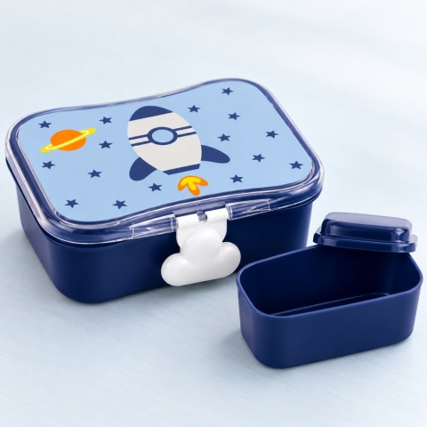 Granatowy lunchbox dziecięcy z motywem rakiety i kosmosu