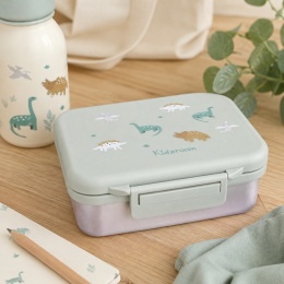 Lunchbox dla dziecka Kidzroom z dinozaurami – zielone pudełko śniadaniowe do szkoły i przedszkola.