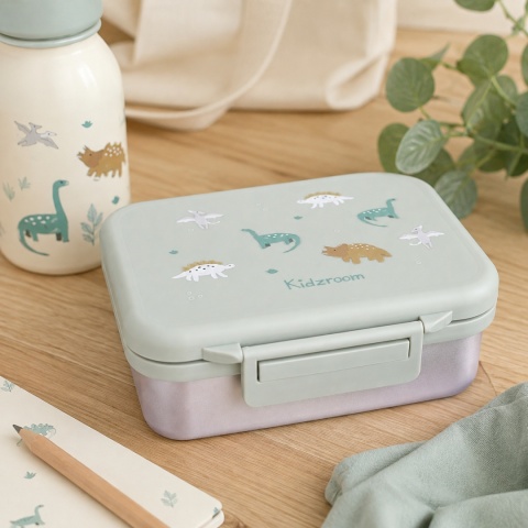 Lunchbox dla dziecka Kidzroom z dinozaurami – zielone pudełko śniadaniowe do szkoły i przedszkola.
