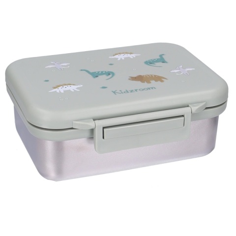 Metalowy lunchbox Kidzroom 850 ml z zieloną pokrywką i motywem dinozaurów