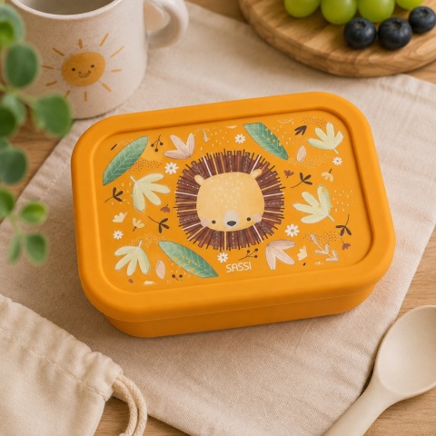 Pomarańczowy silikonowy lunchbox dla dziecka z lwem