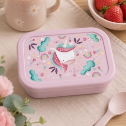 Różowy silikonowy lunchbox dla dziecka z motywem jednorożca