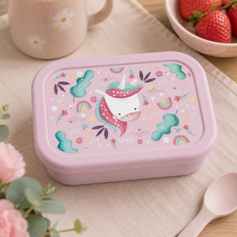 Różowy silikonowy lunchbox dla dziecka z motywem jednorożca