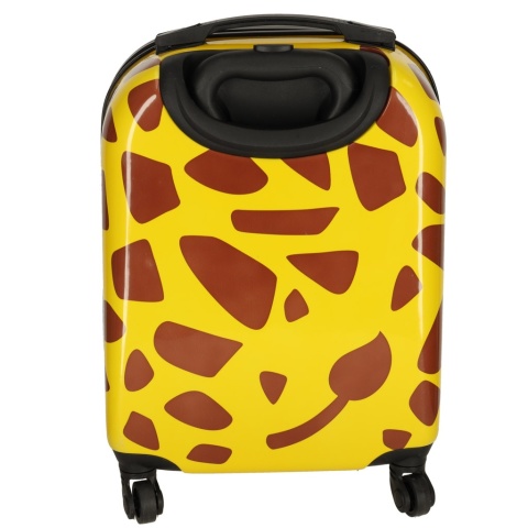 Tył żółtej walizki dziecięcej na kółkach z motywem żyrafy
