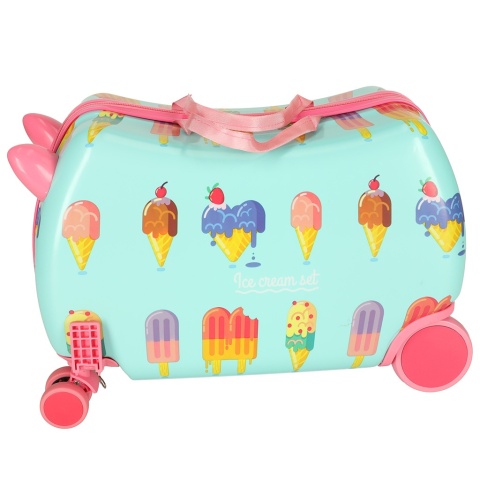 Turkusowa walizka dziecięca na kółkach z kolorowym motywem lodów