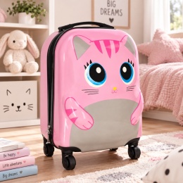 Różowa walizka dziecięca na kółkach z motywem kotka w pokoju dziecka