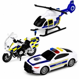 Zestaw policyjny dla dzieci radiowóz motocykl i helikopter ze światłami i dźwiękami