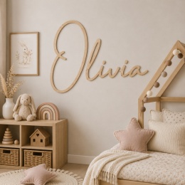 Drewniane imię Oliwia na ścianę – personalizowana dekoracja do pokoju dziecka z dużą pierwszą literą 60 cm
