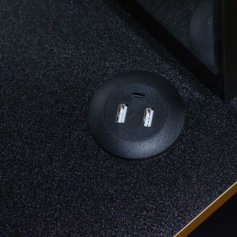 Wbudowane porty USB w czarno-złotej toaletce z lustrem LED