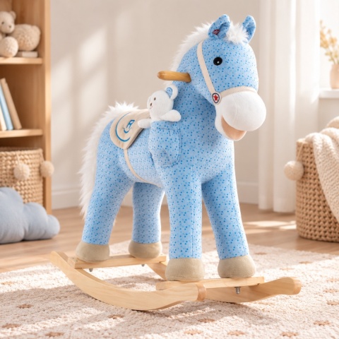 Niebieski koń na biegunach Pony z drewnianymi płozami i misiem dla dziecka