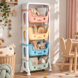 Pastelowy regał organizer na zabawki z 4 pojemnikami na kółkach