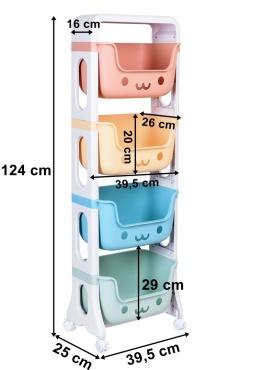 Pastelowy organizer na zabawki z 4 pojemnikami na kółkach – wymiary