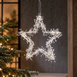Wisząca gwiazda świąteczna LED o wymiarach 37 × 37 cm, z licznymi drobnymi diodami emitującymi białe światło