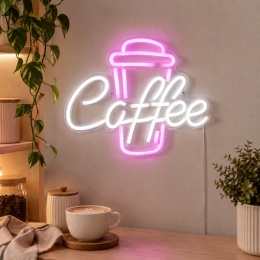 Neon LED Coffee o wymiarach 40 × 30 cm, z różowym konturem kubka i białym świecącym napisem Coffee