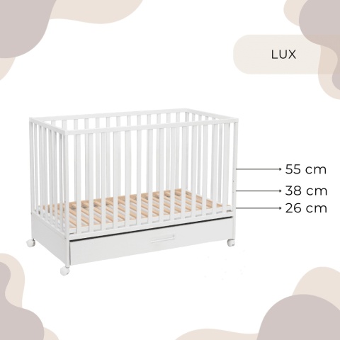 Łóżeczko LUX 120x60 cm z trzema poziomami wysokości stelaża 26, 38 i 55 cm