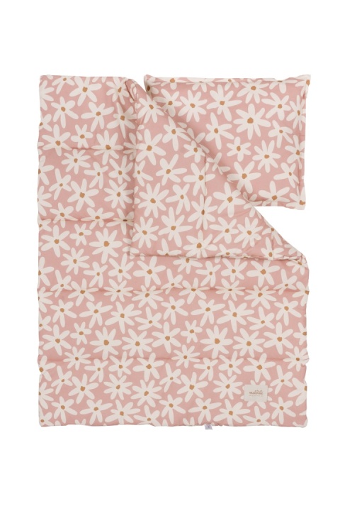 Komplet różowej pościeli bawełnianej Blush Daisies w białe stokrotki – poszwa na kołdrę i poszewka na poduszkę.