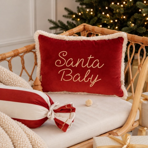 Czerwona welwetowa poduszka świąteczna Santa Baby ze złotym napisem i kremowym ozdobnym obszyciem, na rattanowej sofie przy choince.