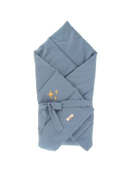 Niebieski rożek niemowlęcy z bawełny washed cotton, ze złotym haftem i kokardą