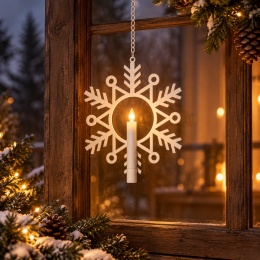 Wisząca śnieżynka LED 24 × 29 cm z białą świeczką emitującą ciepłe światło, zawieszona w drewnianym oknie