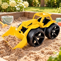 Żółty traktor spychacz Wader Maximus o długości 68 cm z ruchomą łyżką i dużymi czarnymi kołami podczas zabawy w ogrodowej piaskownicy.