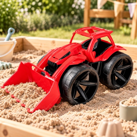 Czerwony traktor spychacz Wader Maximus o długości 68 cm z ruchomą łyżką