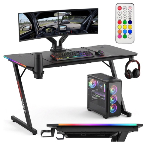 Biurko gamingowe SHADOW GAMER 140x60 cm czarne z podświetleniem RGB i akcesoriami