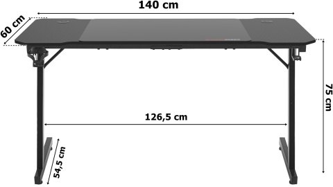 Wymiary biurka gamingowego SHADOW GAMER – szerokość 140 cm, głębokość 60 cm, wysokość 75 cm