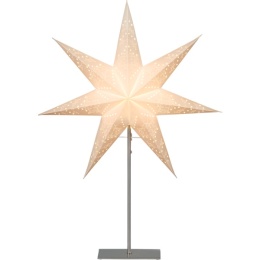 Biała ażurowa gwiazda świąteczna o szerokości 52 cm i wysokości 78 cm, z delikatnym podświetleniem