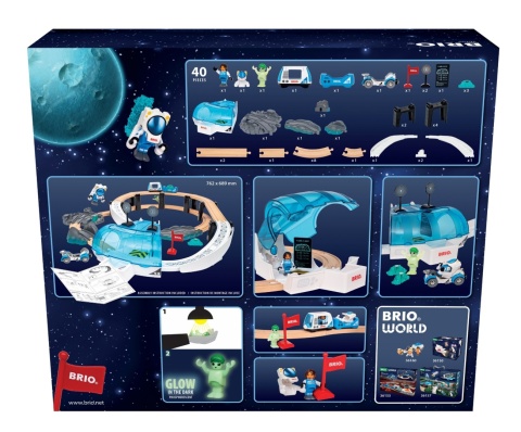 BRIO World Space Station 36155 – tył opakowania z zawartością 40-elementowego zestawu kolejowego